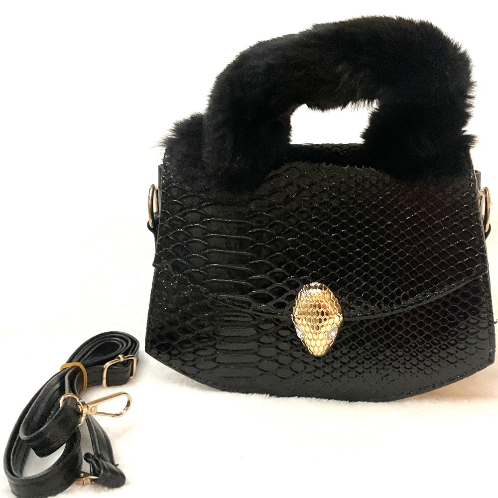 Black Faux Fur and Snakeskin Top Handle Handbag with shoulder strap